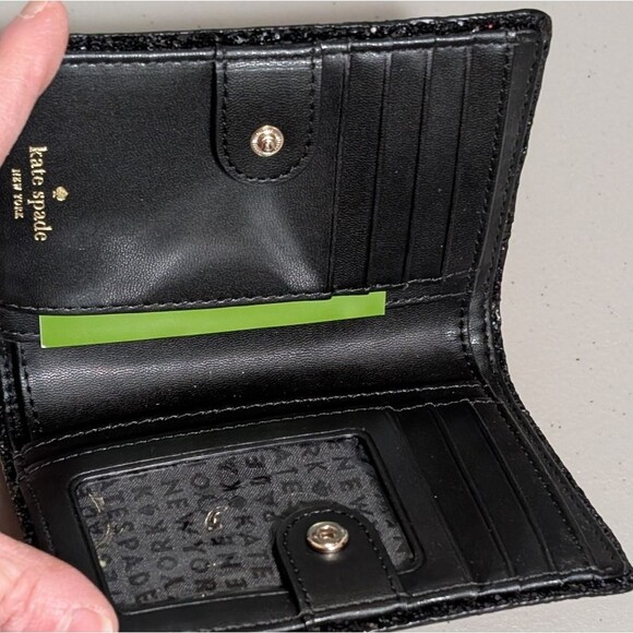 Kate Spade NY Wallet black Tellie leather glitter organizer billfold Tab close - Picture 5 of 8